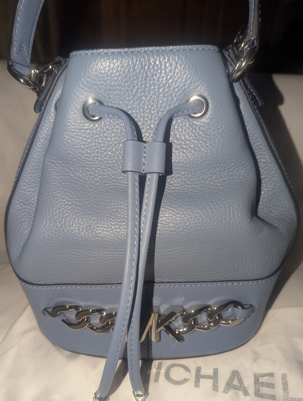 Michael Kors Devon Blue Leather Drawstring Bucket Bag With Silver Hardware - Picture 3 of 12